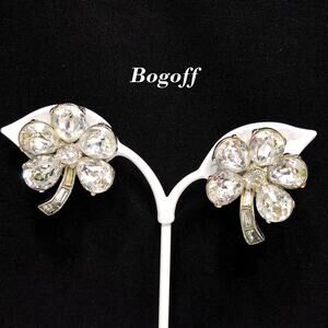 Bogoff Clear Rhinestone Floral Earrings, Rhodium Plated, Wedding Earrings, 1950s